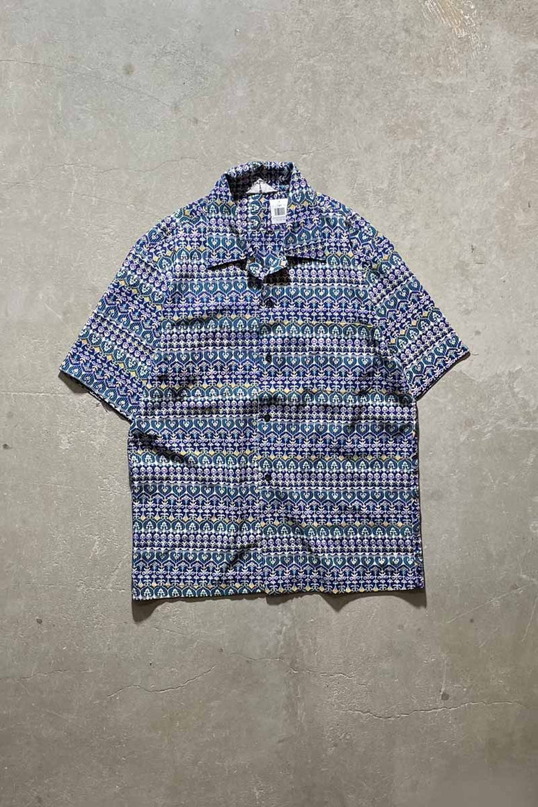70'S OPEN COLLAR FIOWER DESIGH S/S  SHIRT/  BLUE [SIZE:L USED]