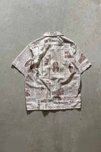 MADE IN HAWAII 70-80'S OPEN COLLAR LINEN COTTON NEWSPAPER DESIGN S/S SHIRT/  WHITE [SIZE:L USED]