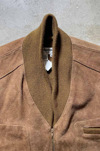 80'S SUEDE LEATHER ACRYLIC KNIT JACKET/ BROWN [SIZE:XL USED]