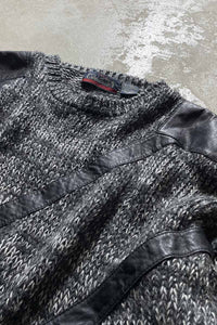 90'S LEATHER SWITCHING WOOL ACRYLIC KNIT SWEATER/ BLACK [SIZE:M USED]