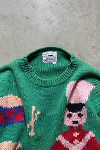 80-90'S DESIGN COTTON HAND KNIT SWEATER / GREEN [SIZE: S USED]