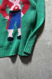 80-90'S DESIGN COTTON HAND KNIT SWEATER / GREEN [SIZE: S USED]