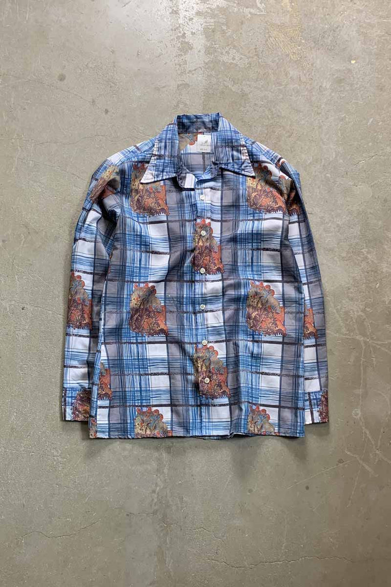 70'S L/S OPEN COLLAR DESIGN CHECK SHIRT / BLUE [SIZE: L USED]