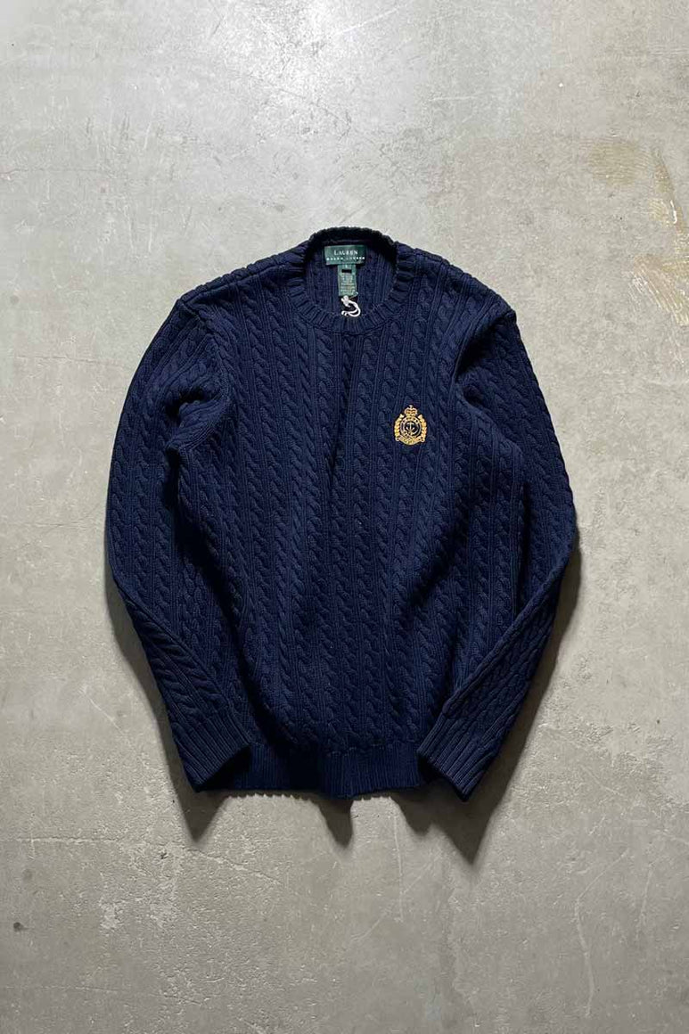 90'S CABLE COTTON KNIT SWEATER / NAVY [SIZE:L USED]