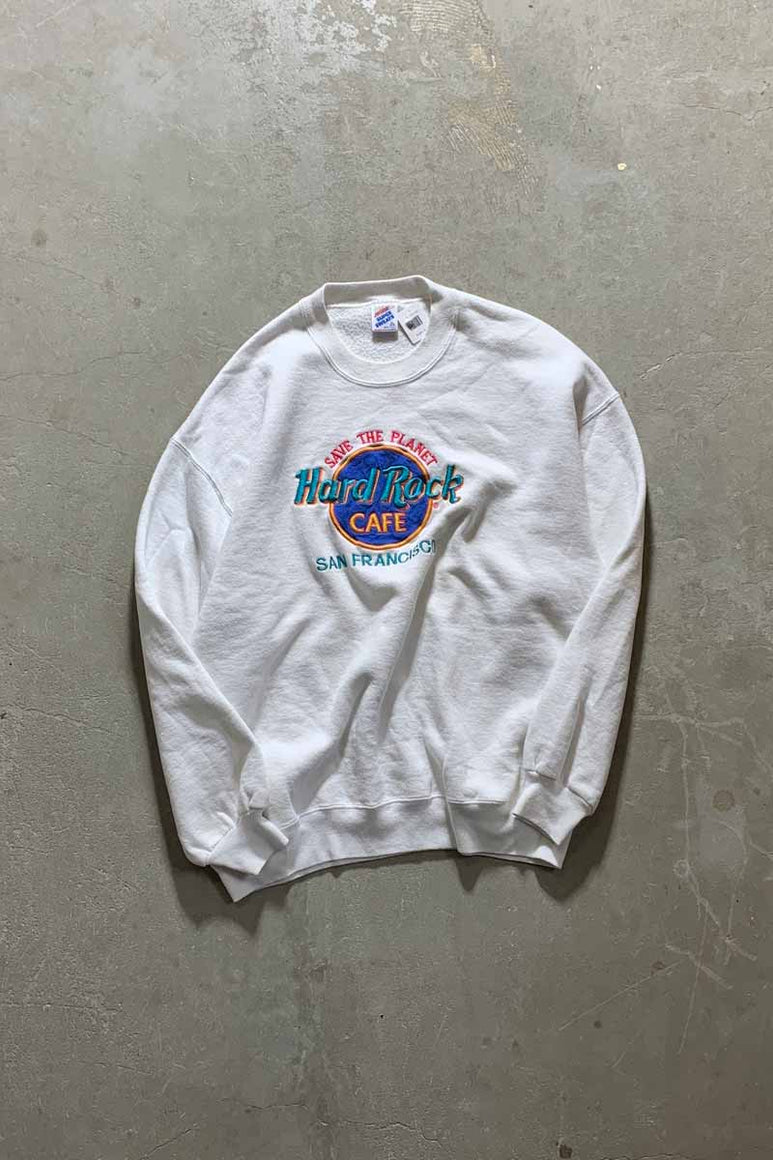 MADE IN USA 80'S HARD ROCK CAFÉ SAN FRANCISCO EMBROIDERY SWEATSHIRT / WHITE [SIZE: XL USED]