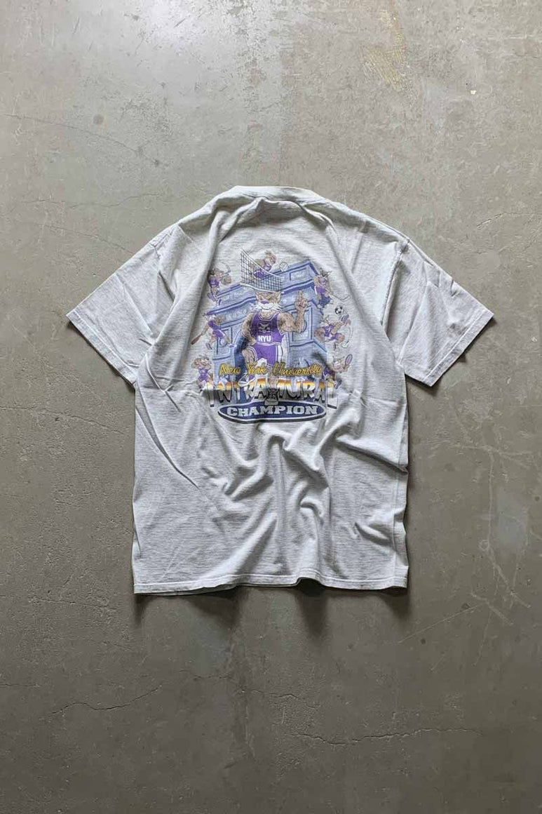 MADE IN USA 90'S S/S NYU BACK PRINT COLLAGE T-SHIRT / GRAY [SIZE: L USED]