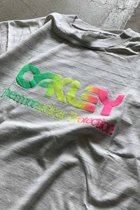 MADE IN USA 90'S S/S OAKLEY PRINT BORDER T-SHIRT / GRAY [SIZE: L USED]
