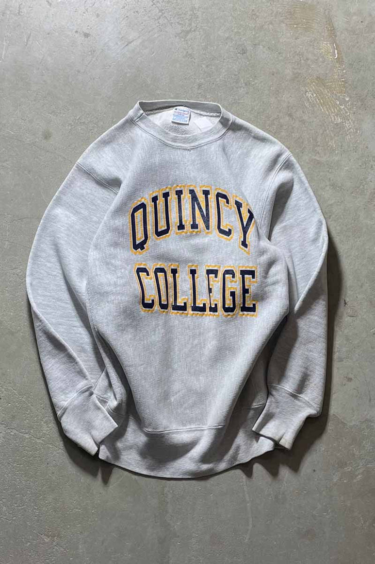 MADE IN USA 90'S REVERSE WEAVE QUINCY COLLEGE PRINT SWEATSHIRT / GRAY [SIZE:L USED]