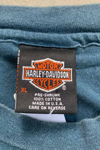 MADE IN USA 96'S S/S HARLEY DAVIDSON LONE SURVIVOR BACK PRINT MOTORCYCLE T-SHIRT / MARINE BLUE [SIZE: XL USED]