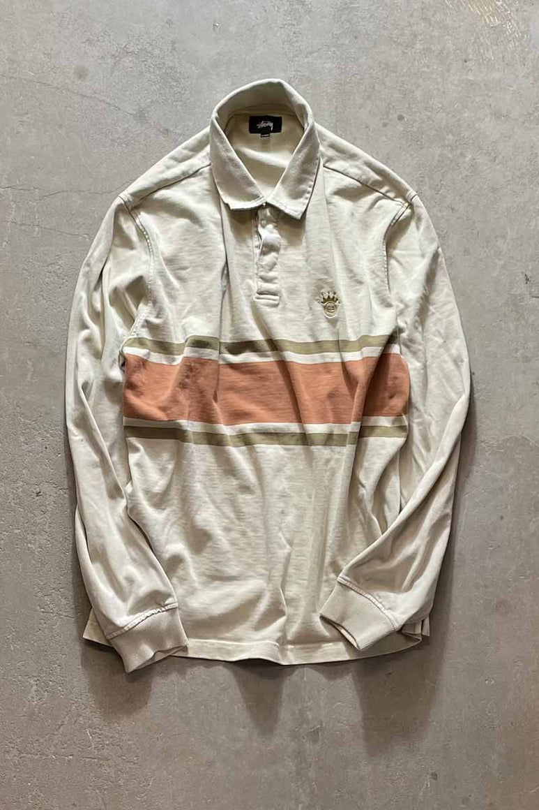 L/S BORDER DESIGN RUGBY SHIRT / BEIGE [SIZE: M USED]