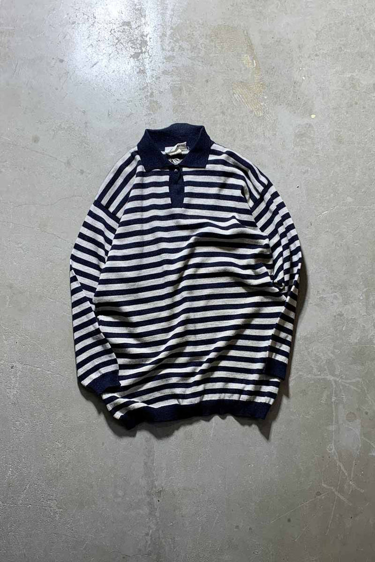 MADE IN ITALY 80-90'S BORDER WOOL KNIT POLO SHIRT / WHITE / NAVY [SIZE: S USED]