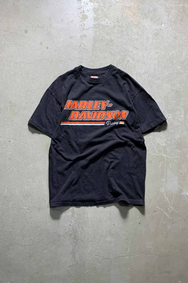 MADE IN USA 90'S S/S LAUGERMAN'S PRINT MOTOR CYCLE T-SHIRT / BLACK [SIZE: L USED]
