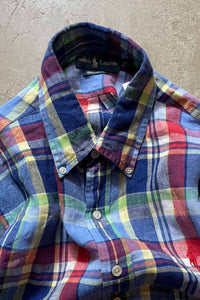 90'S S/S CUSTOM FIT LINEN CHECK SHIRT / BLUE/RED [SIZE:L USED]