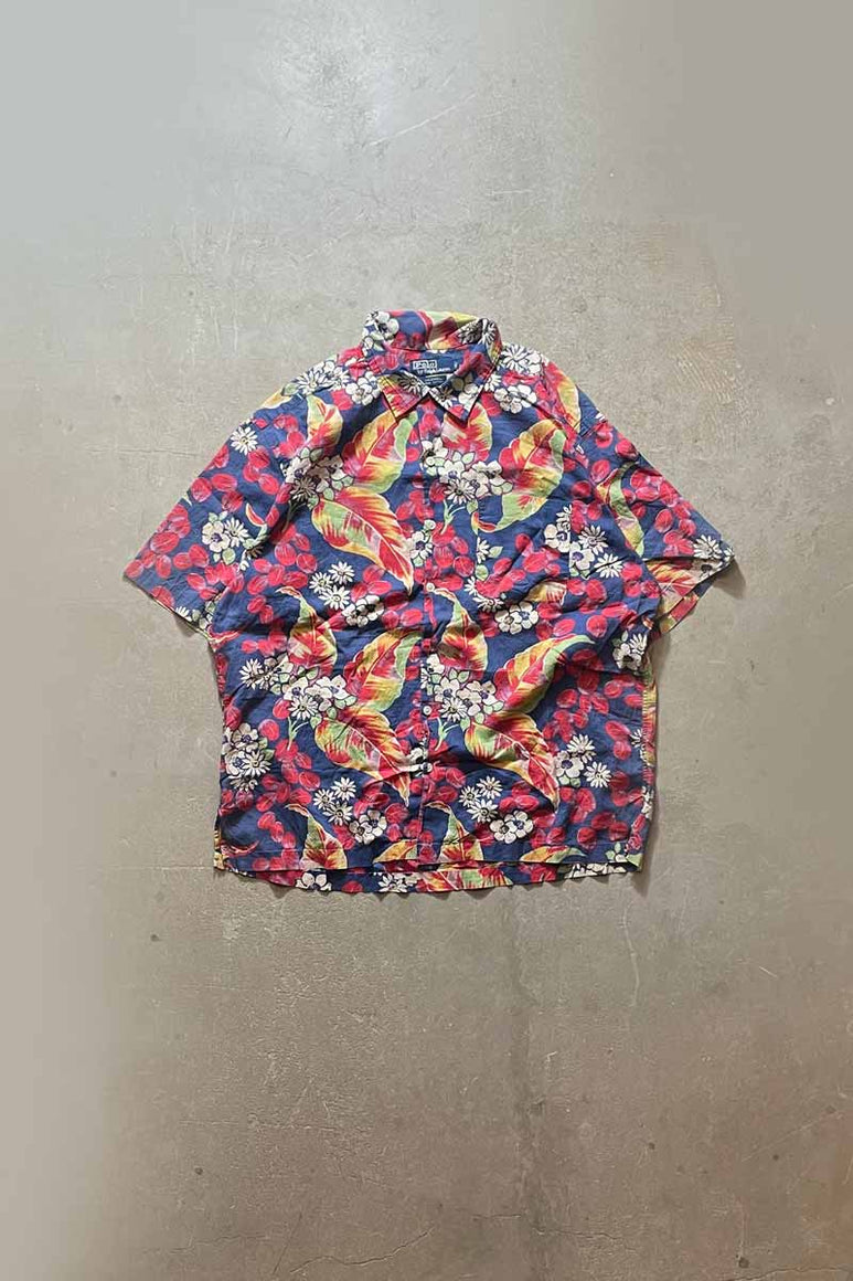 90'S S/S CALDWELL FLOWER PATTERN SHIRT / BLUE/RED [SIZE:L USED]