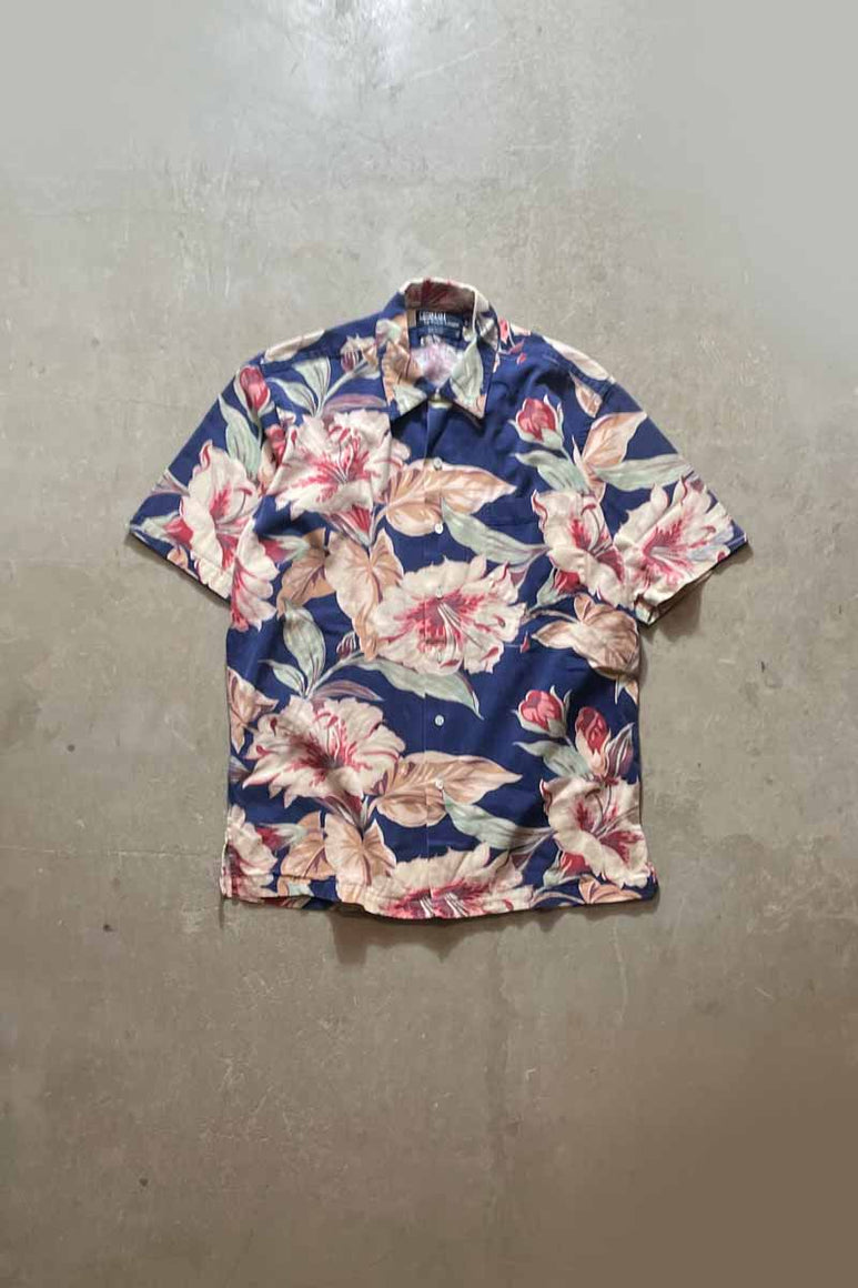 MADE IN USA 90'S S/S FLOWER PATTERN SHIRT / NAVY/PINK [SIZE:S USED]