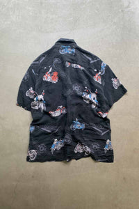 90'S S/S MOTOR CYCLE DESIGN SILK SHIRT / BLACK [SIZE: L USED]