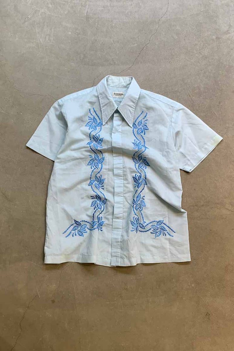 70'S S/S EMBROIDERY DESIGN SHIRT / SAX BLUE [SIZE: L USED]