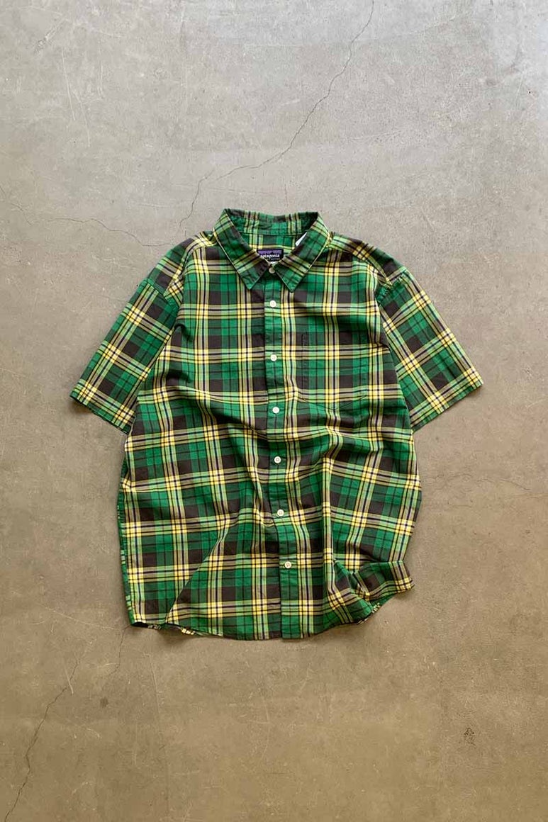 S/S COTTON CHECK SHIRT / GREEN [SIZE: L USED]