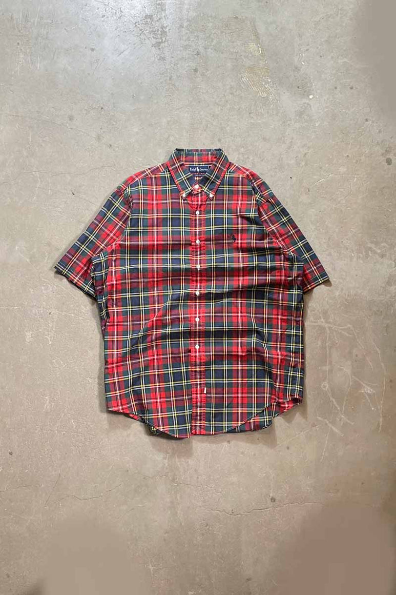 90'S S/S B.D COTTON SHIRT / RED [SIZE: L USED]