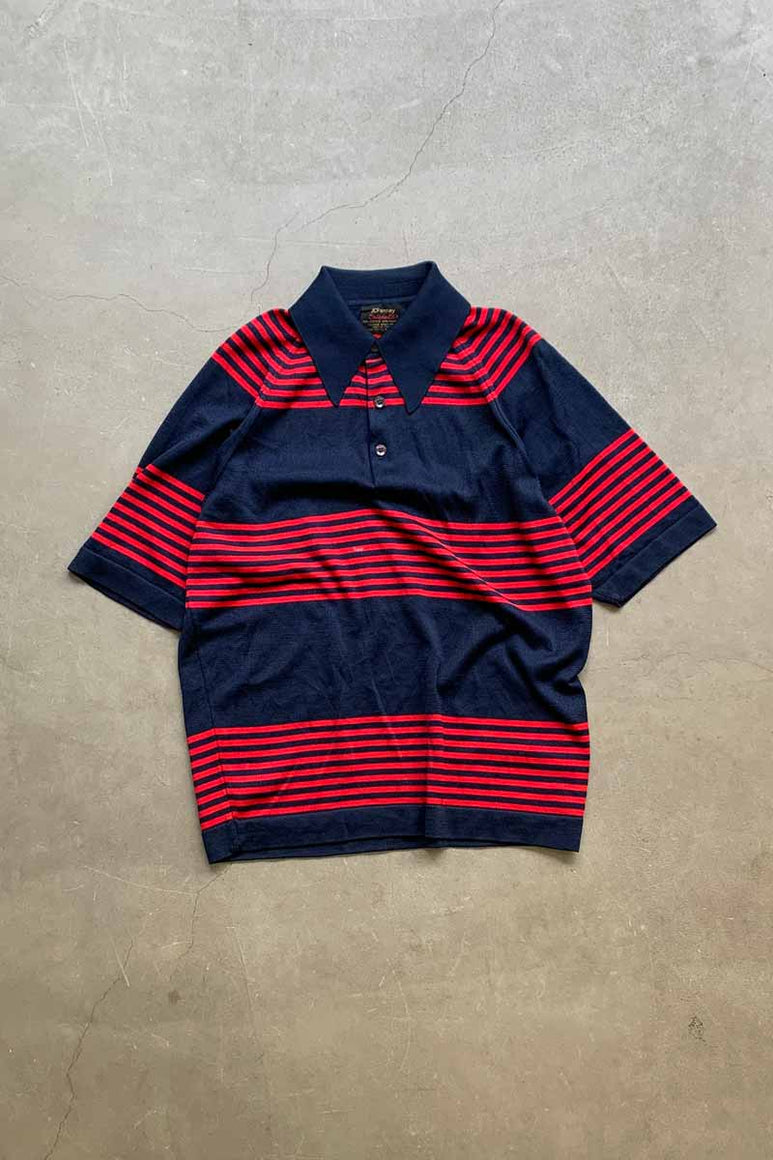 70'S S/S DESIGN BORDER KNIT POLO SHIRT / NAVY [SIZE: L USED]