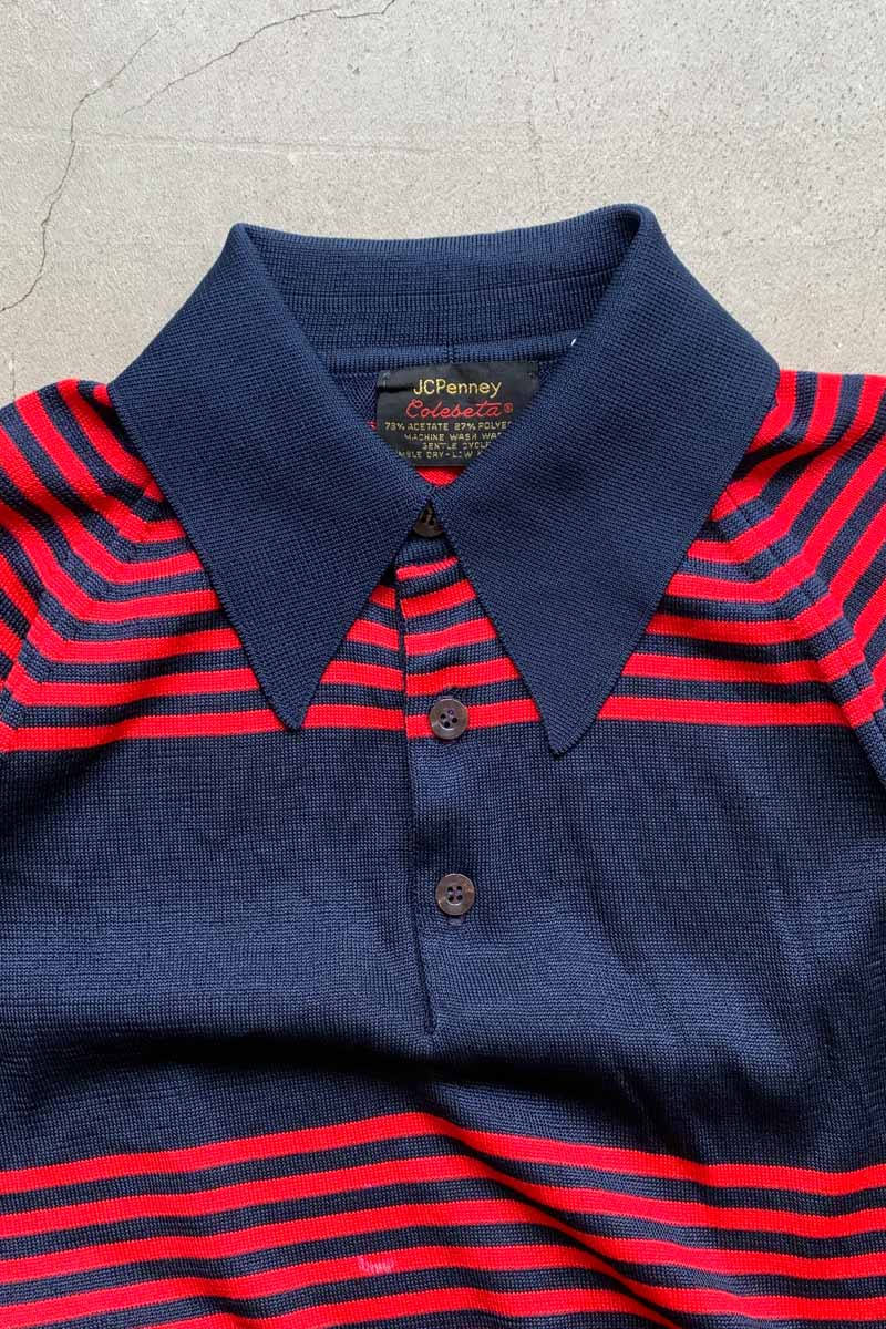 70'S S/S DESIGN BORDER KNIT POLO SHIRT / NAVY [SIZE: L USED]