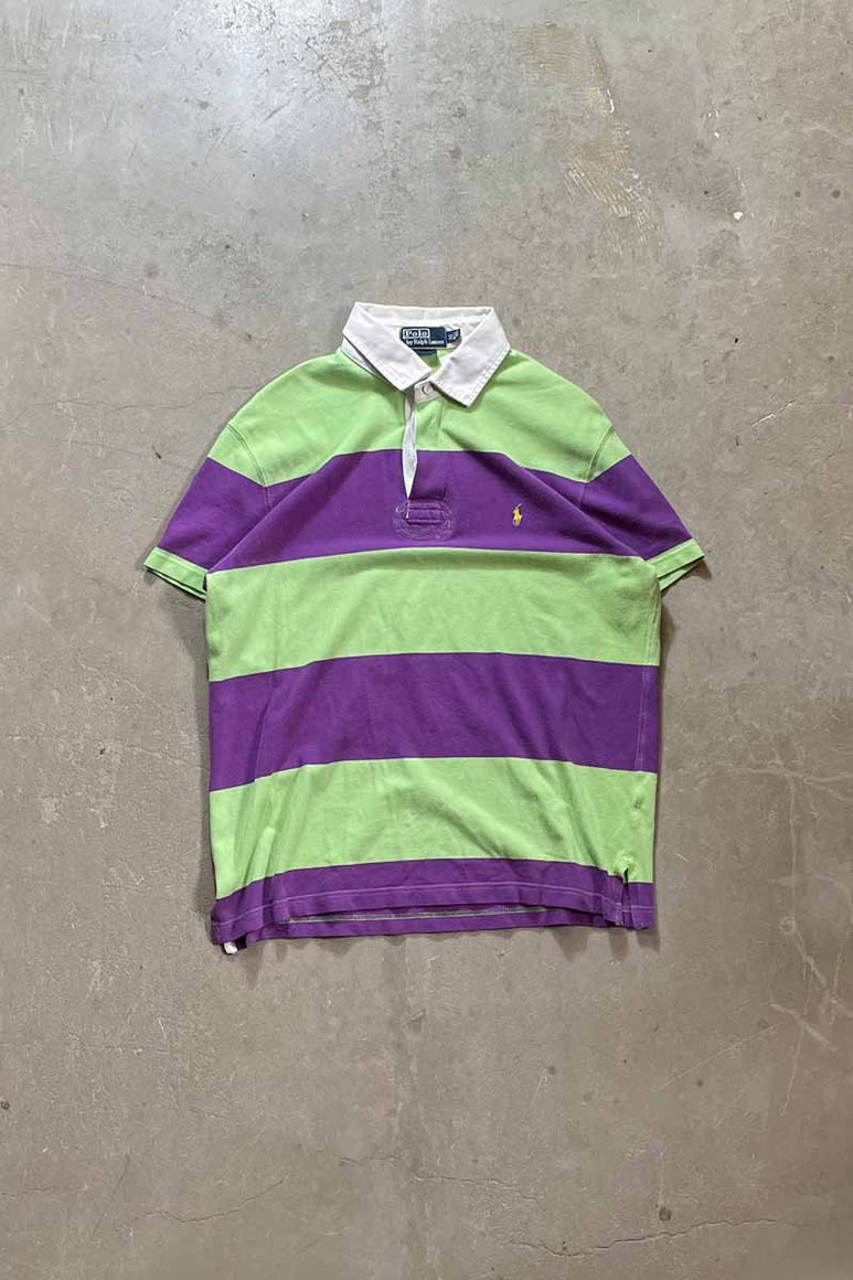 90'S S/S BORDER CUSTOM FIT RUGBY SHIRT / GREEN [SIZE:XL USED]