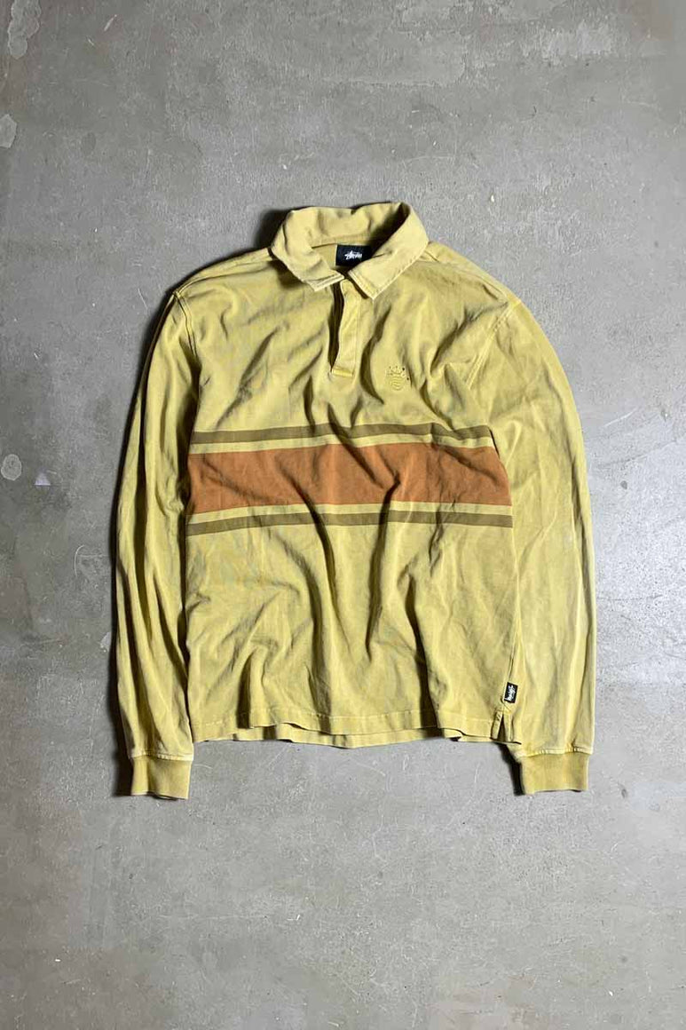 L/S BORDER DESIGN RUGBY SHIRT / MUSTARD [SIZE: L USED]
