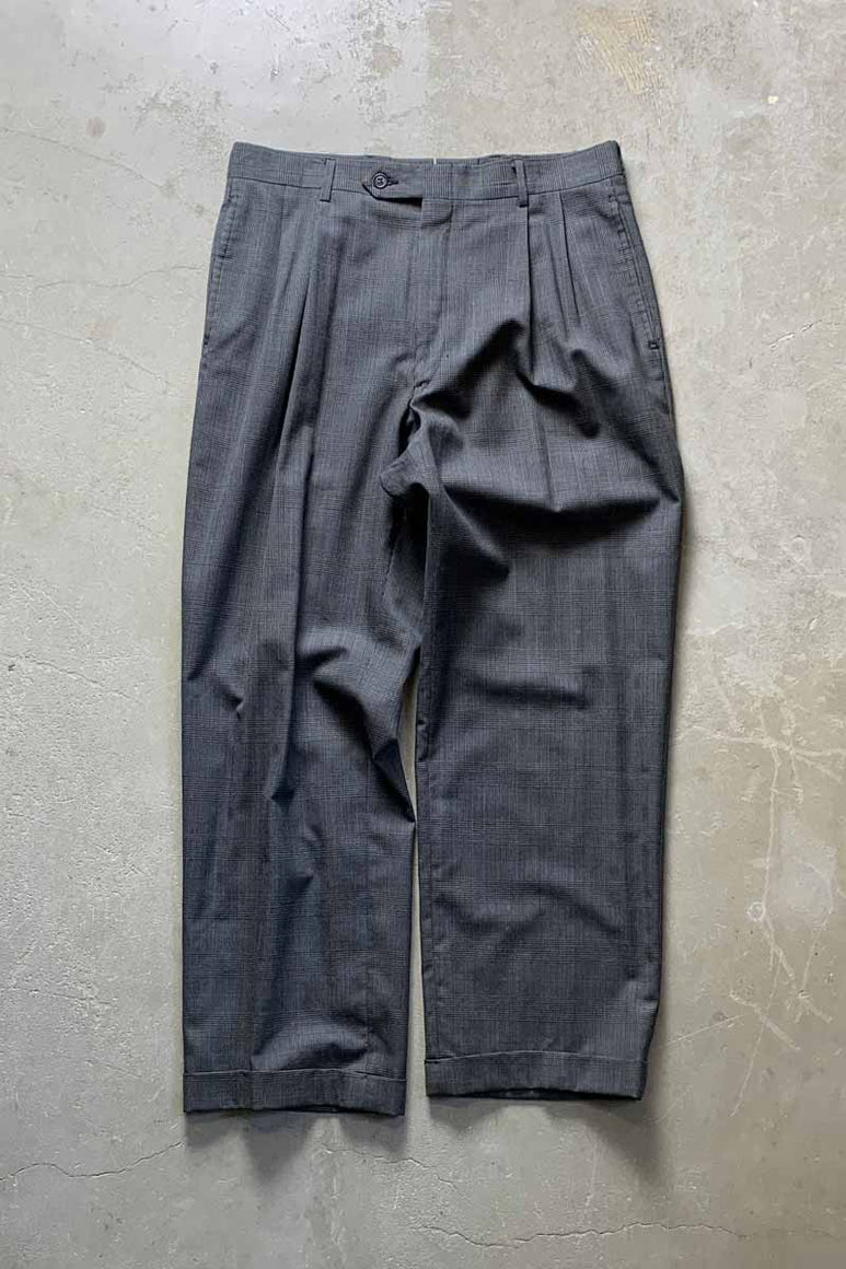MADE IN USA 90'S GLEN CHECK TUCK SLACKS PANTS / CHARCOAL [SIZE: W32L30相当  USED]