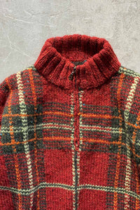 90'S HALF-ZIP CHECK WOOL KNIT SWEATER / RED [SIZE: M USED]