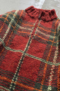 90'S HALF-ZIP CHECK WOOL KNIT SWEATER / RED [SIZE: M USED]