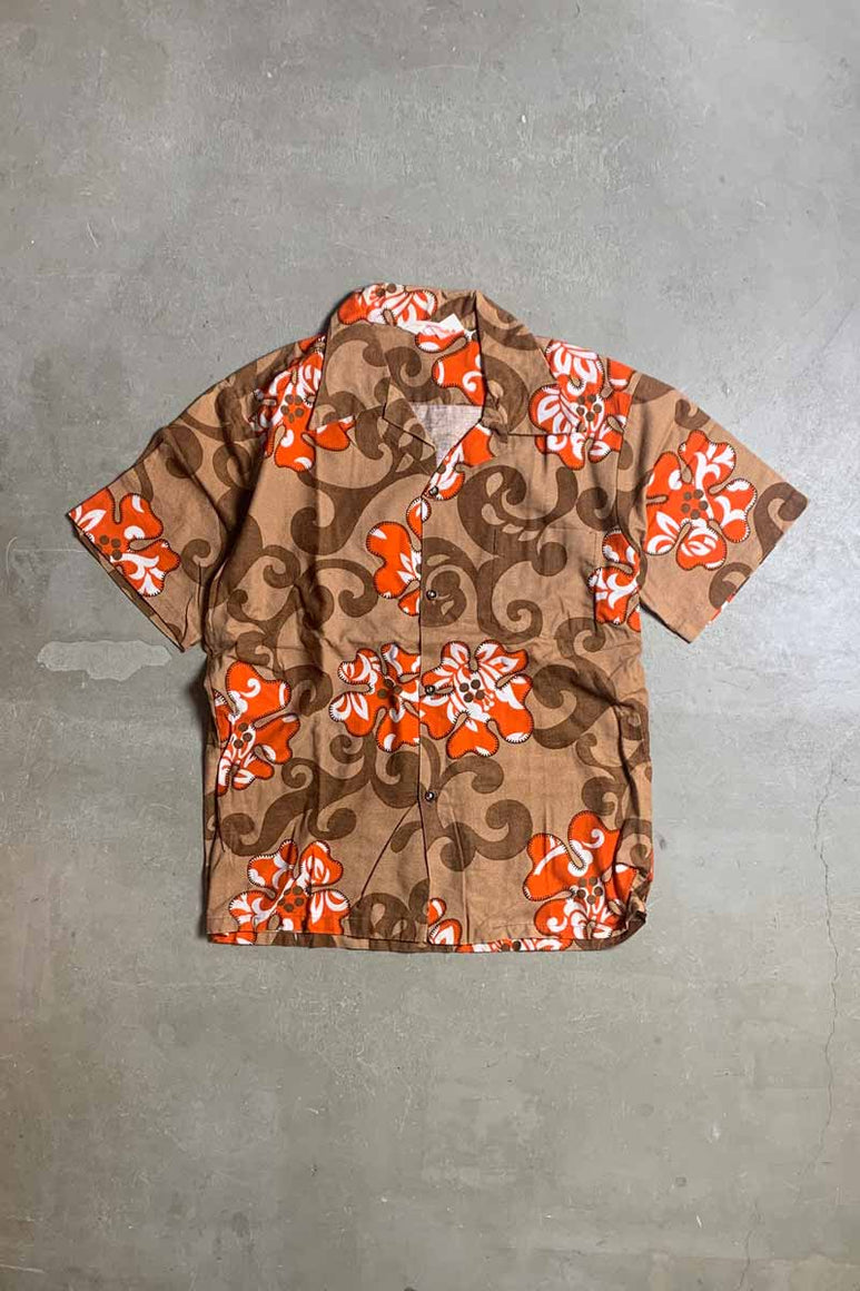 70'S S/S OPEN COLLAR DESIGN SHIRT / BROWN [SIZE: L USED]