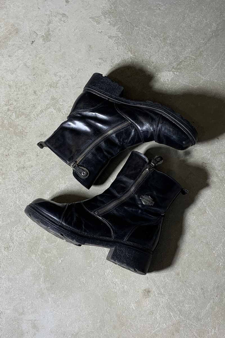 90'S LEATHER DOUBLE SIDE ZIP BOOTS / BLACK [SIZE: US8.5(26.5cm相当) USED]