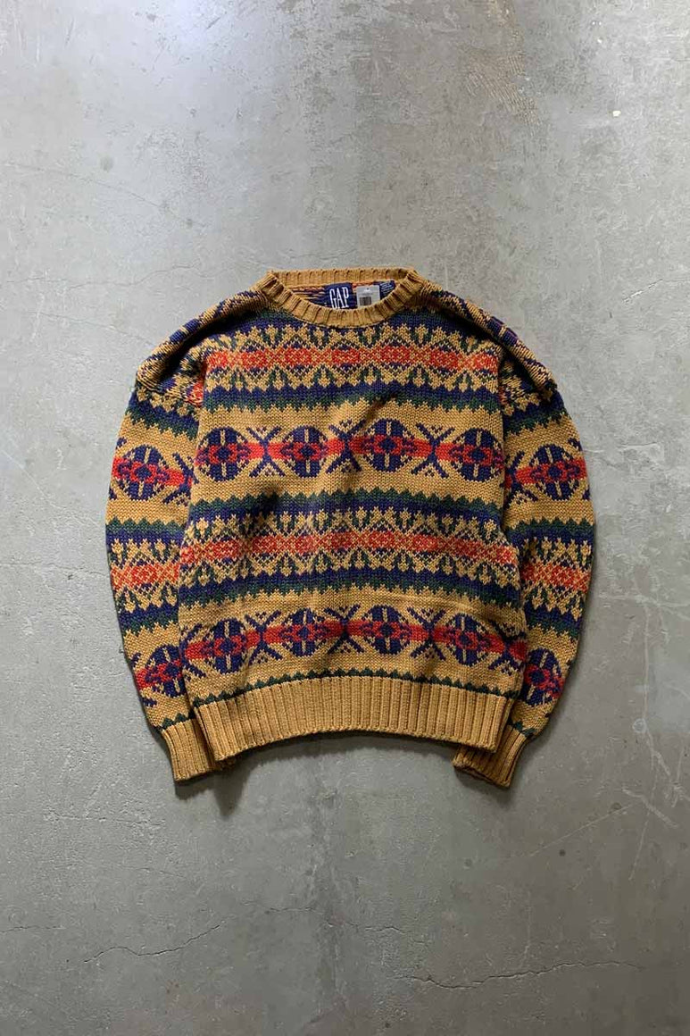 90'S NORDIC DESIGN COTTON KNIT SWEATER / MUSTARD [SIZE: L USED]