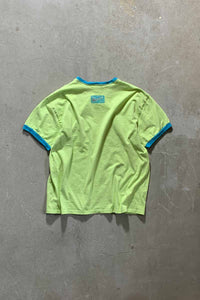 MADE IN USA Y2K EARLY 00'S V-NECK LOGO RINGER T-SHIRT / NEON GREEN [SIZE: 2XL USED]