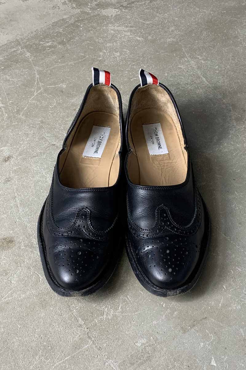 MADE IN ITALY WING-TIP LEATHER SLIP-ON / BLACK [SIZE: US10 (28cm相当) USED]