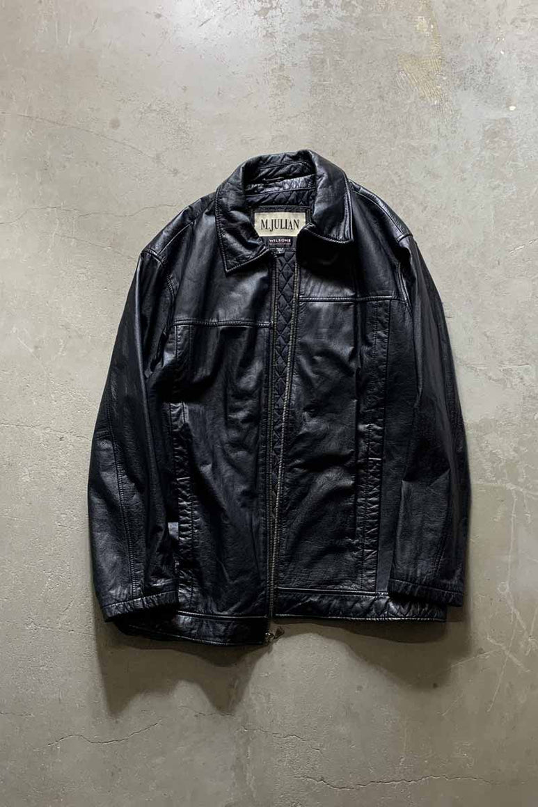 90'S ZIP UP LEATHER JACKET W/QUILTING LINER / BLACK [SIZE: L USED]