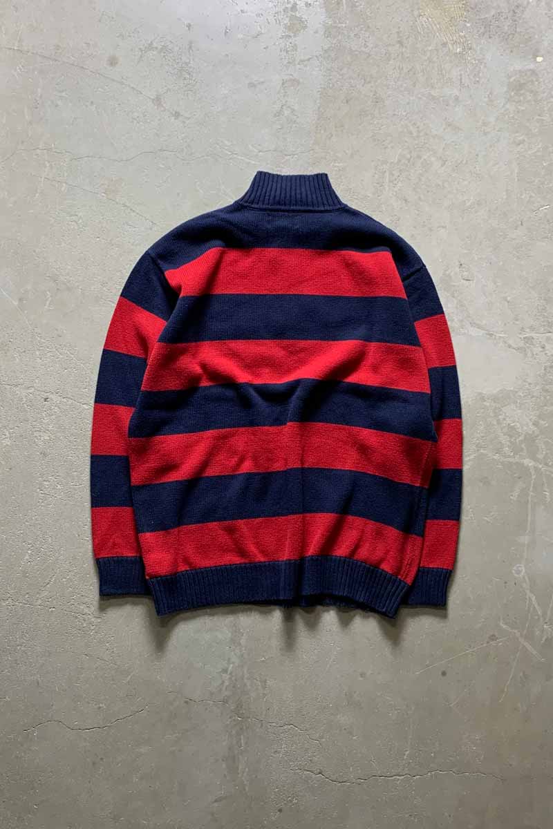 90'S HALF ZIP BORDER COTTON KNIT SWEATER / RED / NAVY [SIZE: M USED]