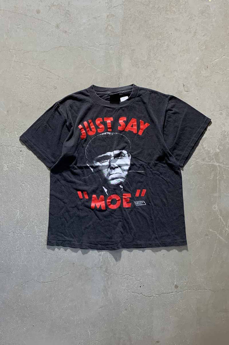 MADE IN USA 80'S THE THREE STOOGERS JUST SAY MOE PRINT MOVIE T-SHIRT / BLACK [SIZE: L USED]