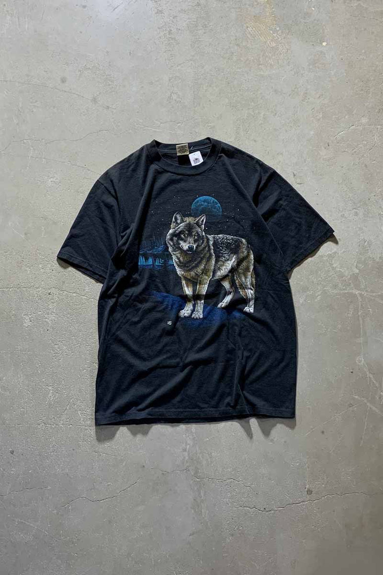MADE IN USA 80'S WOLF PRINT ANIMAL T-SHIRT / BLACK [SIZE: L USED]