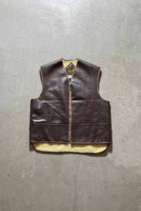 MADE IN JAPAN 90'S VEGAN LEATHER VEST W/BOA LINER / BROWN [SIZE: L USED]