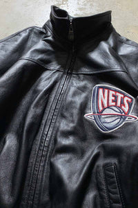 90'S BROOKLYN NETS STAND COLLAR LEATHER STADIUM JACKET / BLACK [SIZE: L USED]
