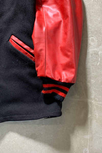 MADE IN USA 70'S WOOL LEATHER STADIUM JACKET / BLACK / RED [SIZE: M USED]