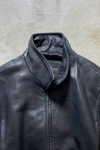 STAND COLLAR ZIP UP BELTED LEATHER JACKET / BLACK [SIZE: L USED]