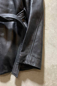 STAND COLLAR ZIP UP BELTED LEATHER JACKET / BLACK [SIZE: L USED]