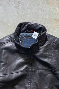 STAND COLLAR ZIP UP LEATHER JACKET W/QUILTING LINER / BLACK [SIZE: XL USED]