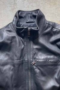 STAND COLLAR ZIP UP LEATHER JACKET W/QUILTING LINER / BLACK [SIZE: S USED]