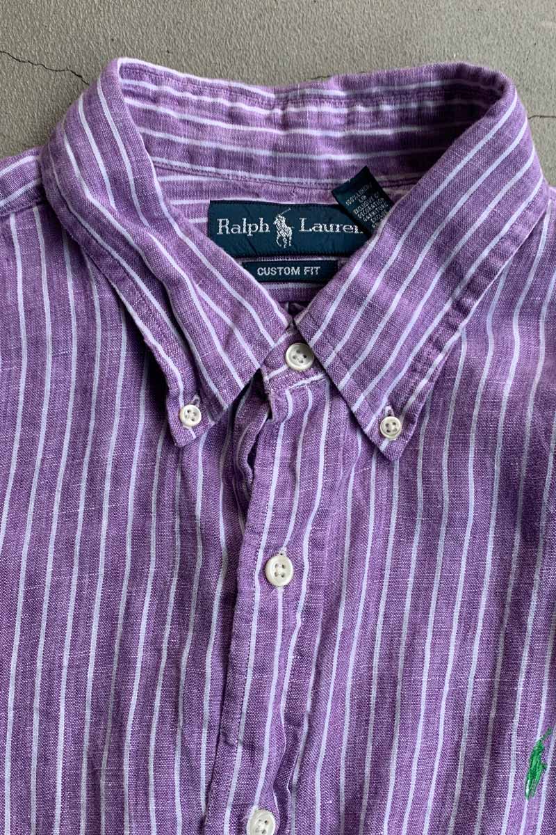 90'S L/S B.D LINEN STRIPE CUSTOM FIT SHIRT / PURPLE [SIZE: XL USED]