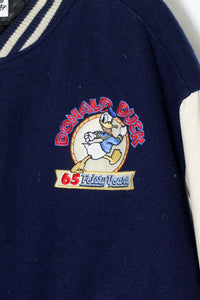 MADE IN USA 90'S BACK EMBROIDERY DONALD DUCK WOOL LEATHER STADIUM JACKET / NAVY / WHITE［ SIZE: XL USED ]