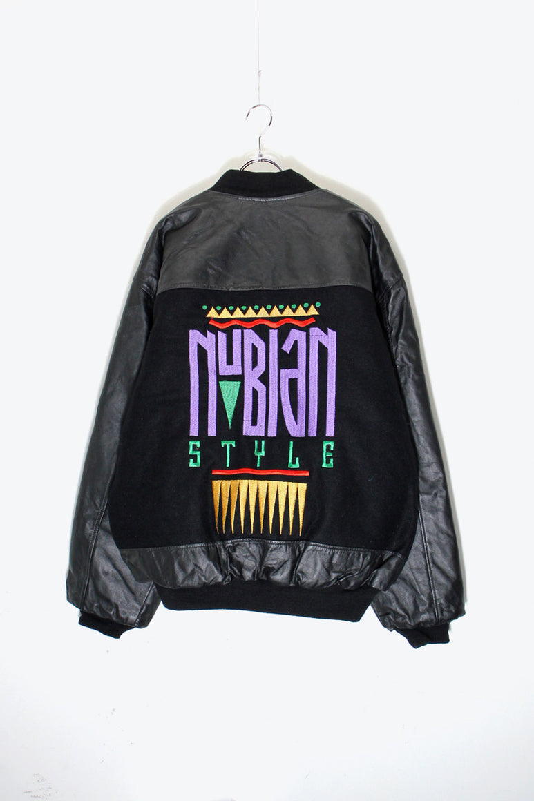 MADE IN USA 90'S BACK EMBROIDERY NUBIAN WOOL LEATHER STADIUM JACKET / BLACK［SIZE: XL USED]