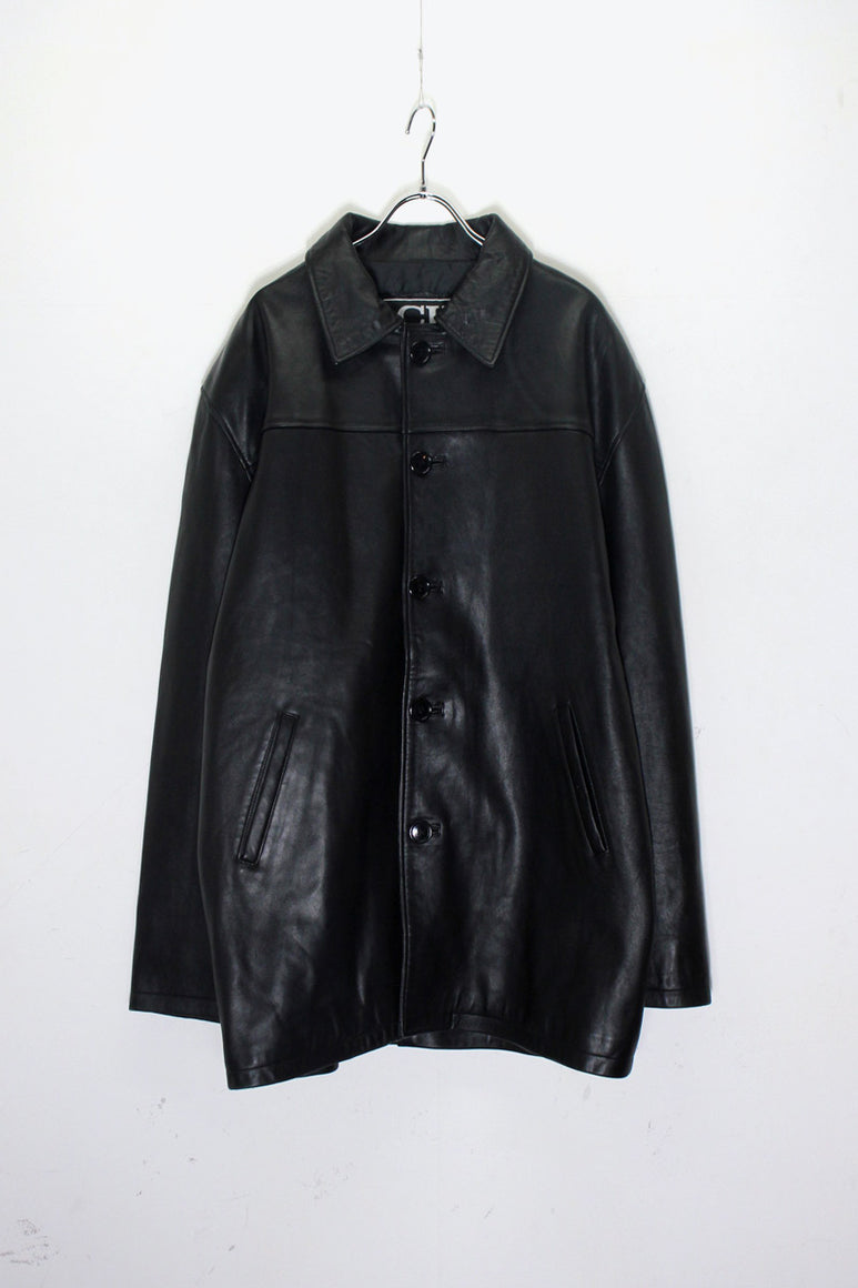 90'S BUTTON LEATHER HALF COAT DEADSTOCK/NOS / BLACK［SIZE: XL USED ]